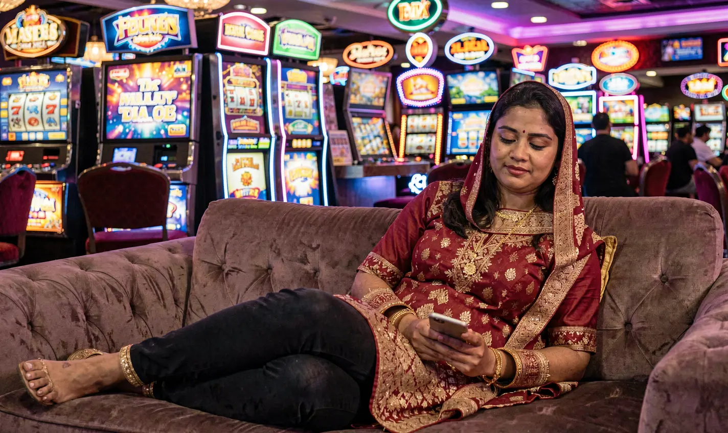 BD988 App – Access premium casino games anytime with a seamless mobile experience Confident Bangladeshi woman using the BD988 casino app on her phone while relaxing in a modern gaming lounge with slot machines behind her