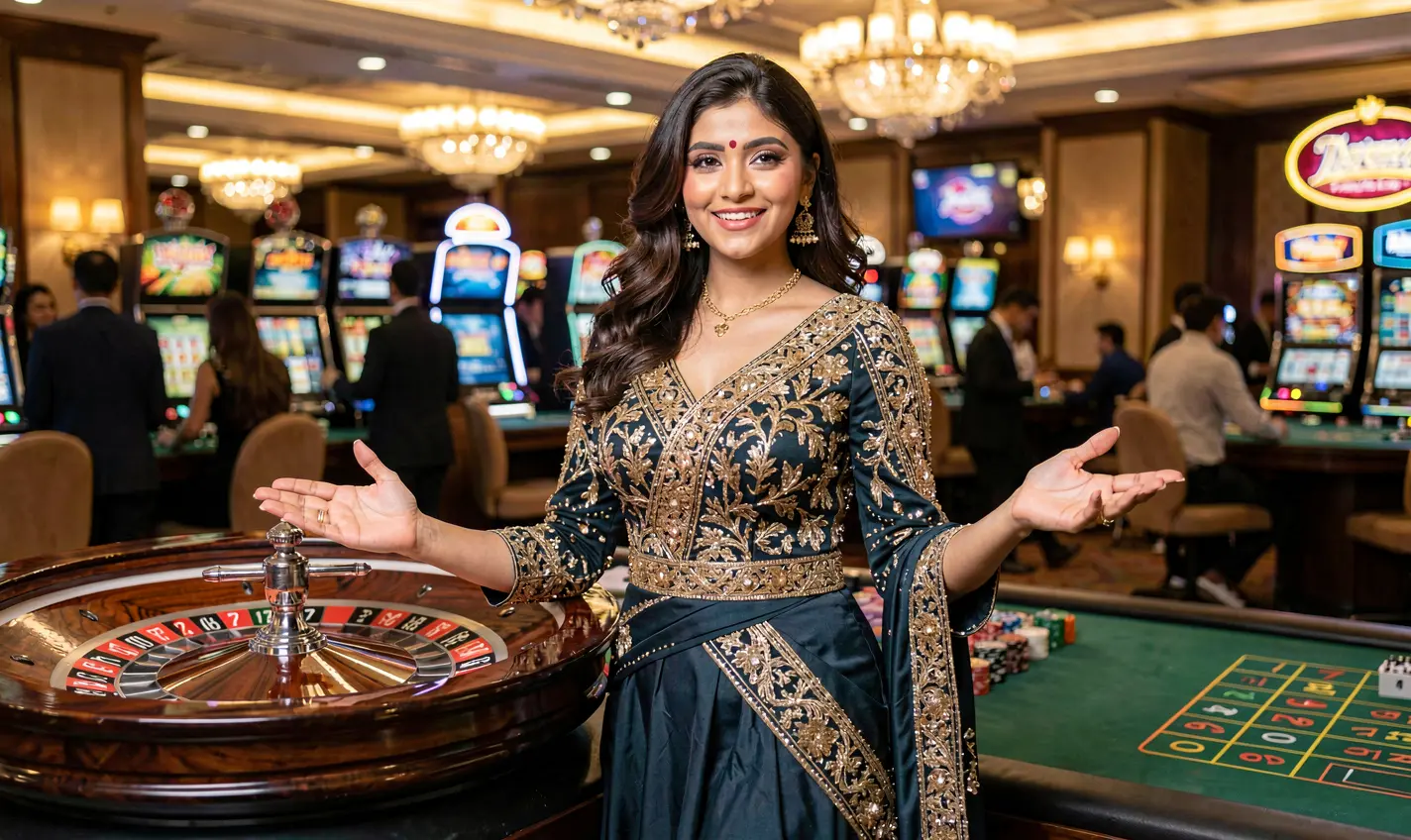 Stylish live casino dealer at a roulette table with bright city lights in the background representing the premium gaming atmosphere of BD988 for Bangladeshi players