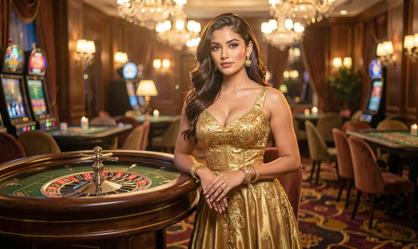 Elegant casino scene with a glamorous woman in a golden dress standing by a roulette table showcasing the premium gaming atmosphere of BD988 casino for players in Bangladesh