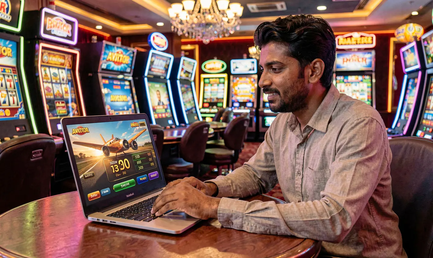 Confident Bangladeshi player enjoying high stakes online casino games on a laptop with colorful slot machines and neon lights at BD988 casino