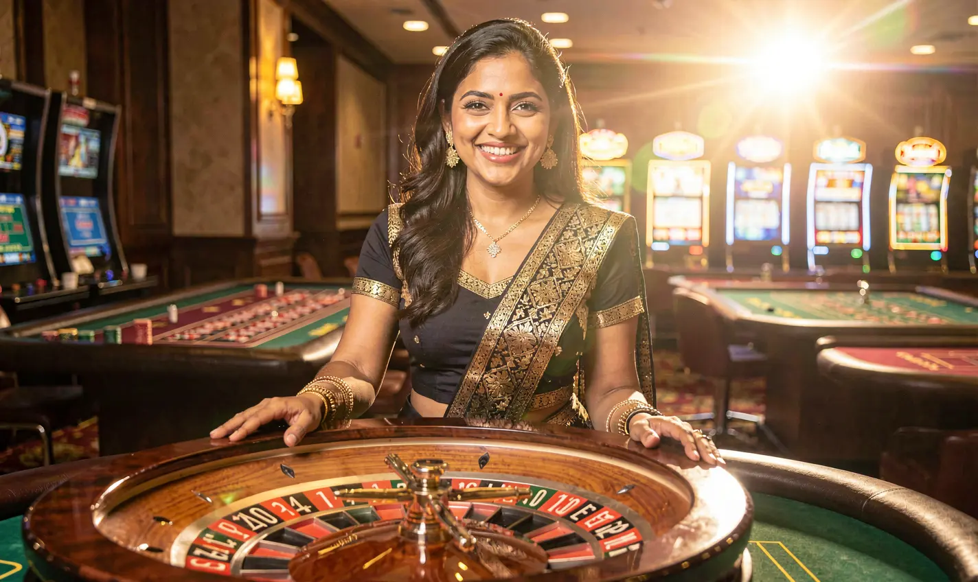 BD988 – Discover the excitement of live casino games in Bangladesh Elegant live casino dealer standing at a glowing roulette table with a warm smile and cinematic lighting showcasing the premium atmosphere of BD988 for players in Bangladesh