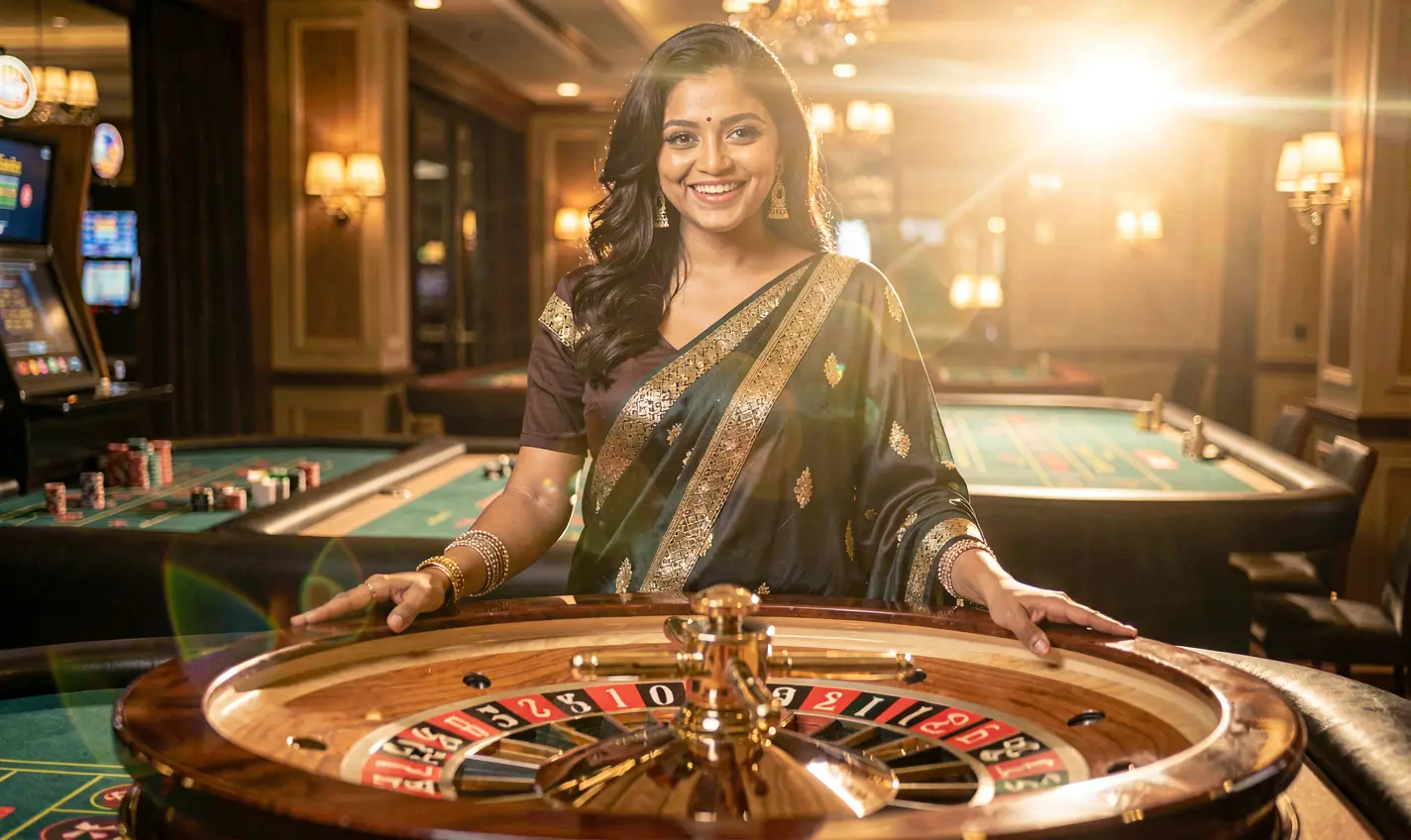 BD988 – Step into an exciting world of live casino games in Bangladesh Charming live casino dealer surrounded by vibrant gaming lights and a roulette wheel atmosphere at BD988 casino in Bangladesh