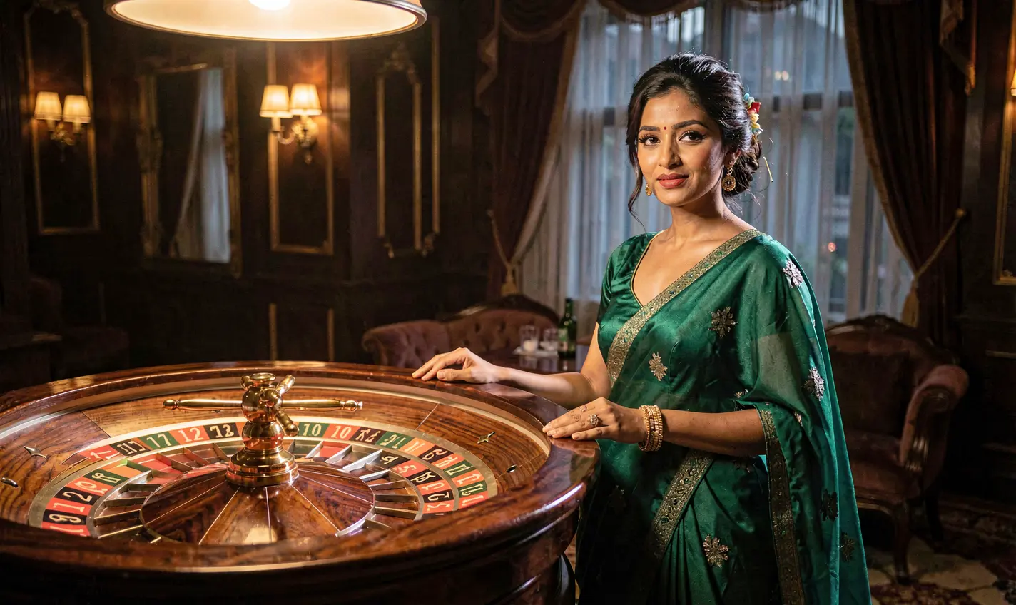 BD988 – Step into a world of luxury casino gaming in Bangladesh Elegant casino atmosphere with a stunning woman in a green dress near a roulette table showcasing the premium gaming style of BD988 in Bangladesh