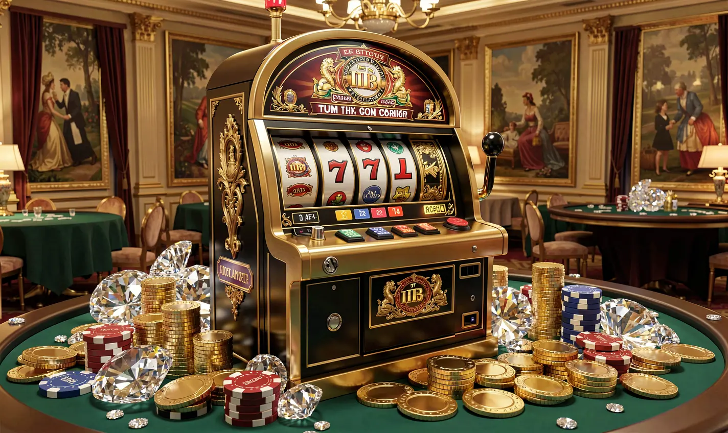 BD988 – Experience premium slot entertainment designed for Bangladeshi players Elegant black and gold slot machine with triple lucky sevens and flying coins showcasing the premium casino atmosphere of BD988 for players in Bangladesh